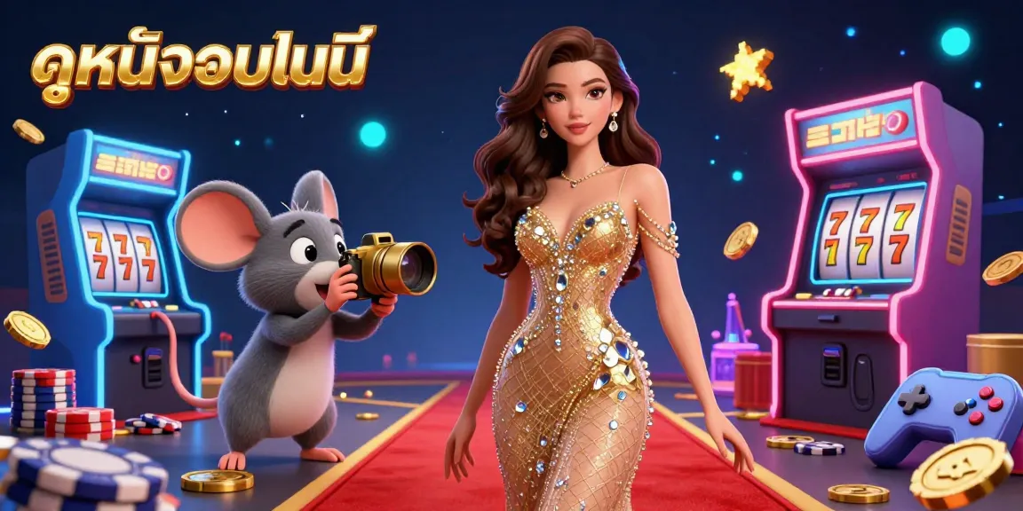 Experience ดูหนังออนไลน์ with a glamorous red carpet scene featuring gaming elements and vibrant characters.
