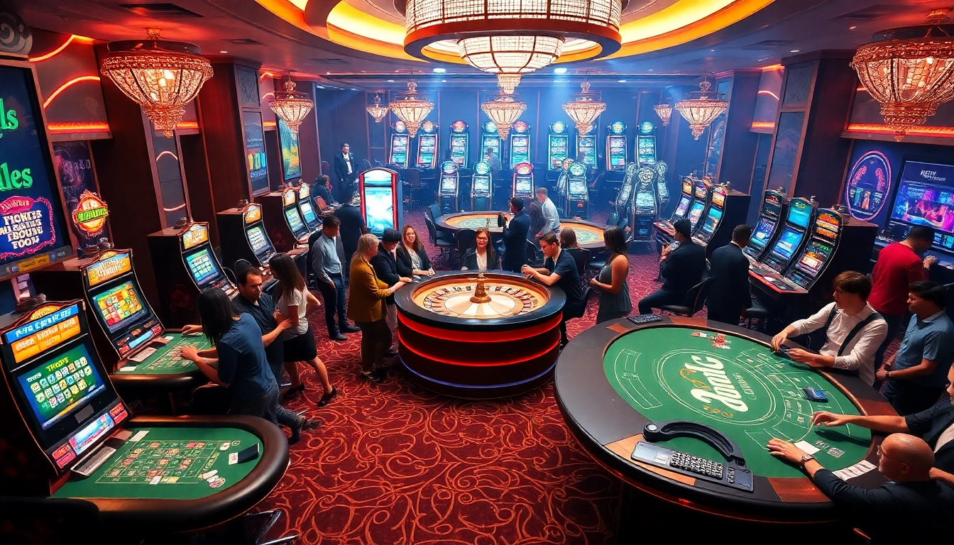 A dynamic casino scene showcasing players at nohu90 poker tables, engaging enthusiastically with colorful chips and betting slips.