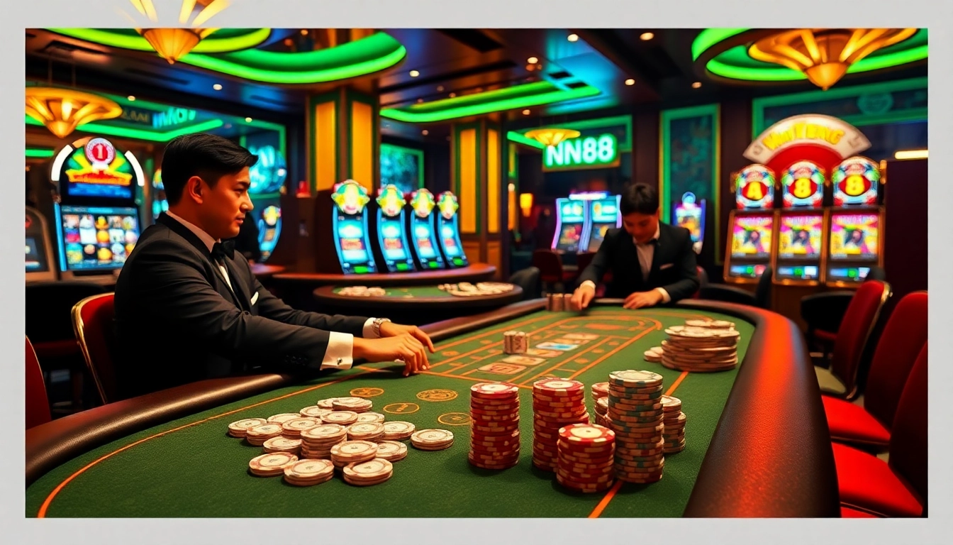 Experience thrilling gameplay at nn88 casino with vibrant poker tables and flashing slot machines.