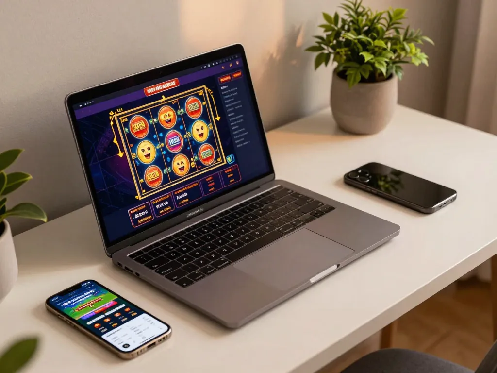 x88 players engaging with online casino games on their laptops and smartphones, showcasing vibrant gambling activities.