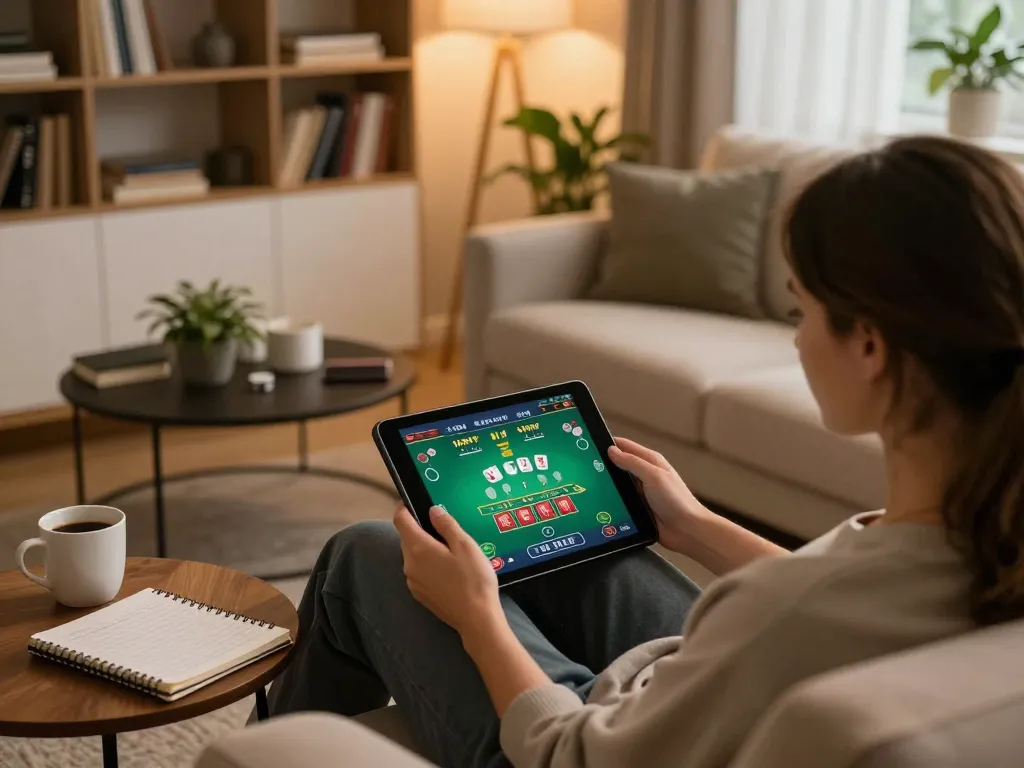 Engaging in online blackjack with wala88 on a tablet in a cozy home setting