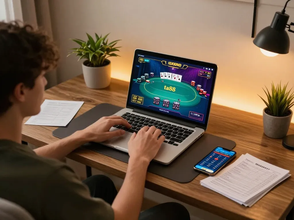 Engaging online poker gameplay at ta88 with vibrant graphics and bankroll notes visible