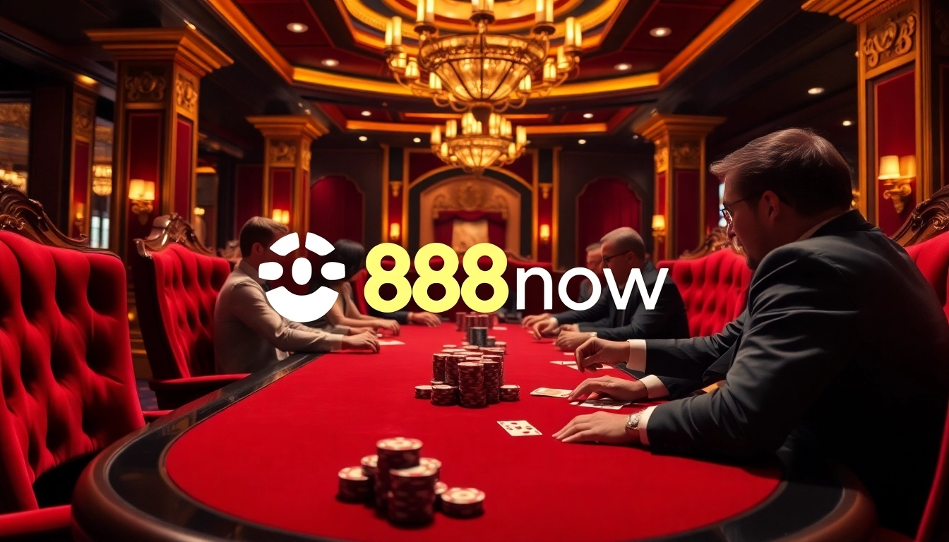 Players engaging in a high-stakes poker game at 888now casino, surrounded by luxury and excitement.