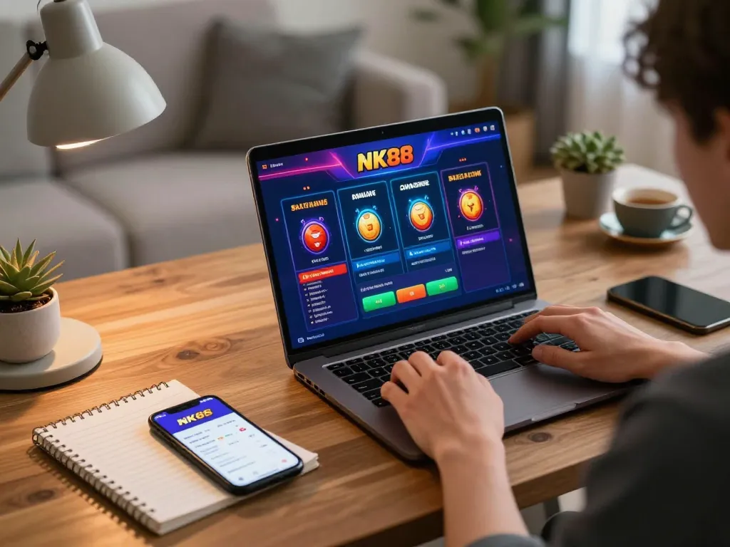 Engaging in exciting NK88 online casino gameplay with a laptop and notebook in cozy home setting.