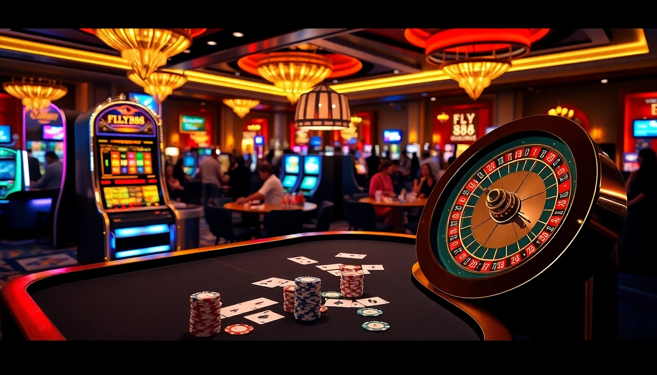 FLY88 Casino scene with poker chips, cards, and vibrant slot machines.