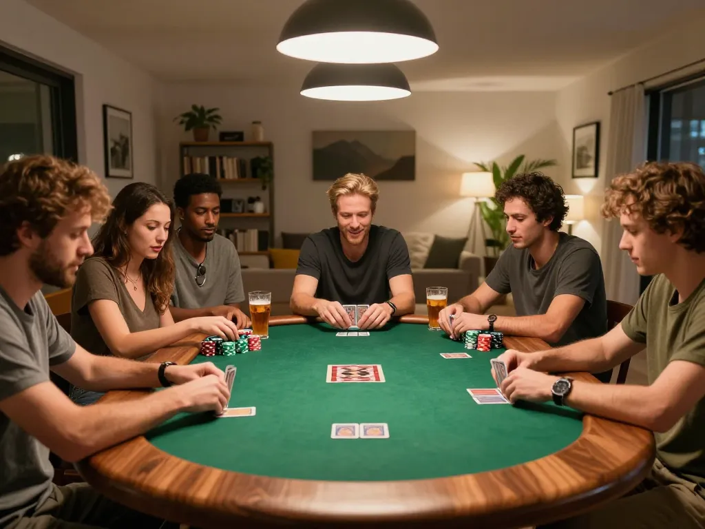 Friends engaging in strategic gameplay during a home poker night at legge's living room.
