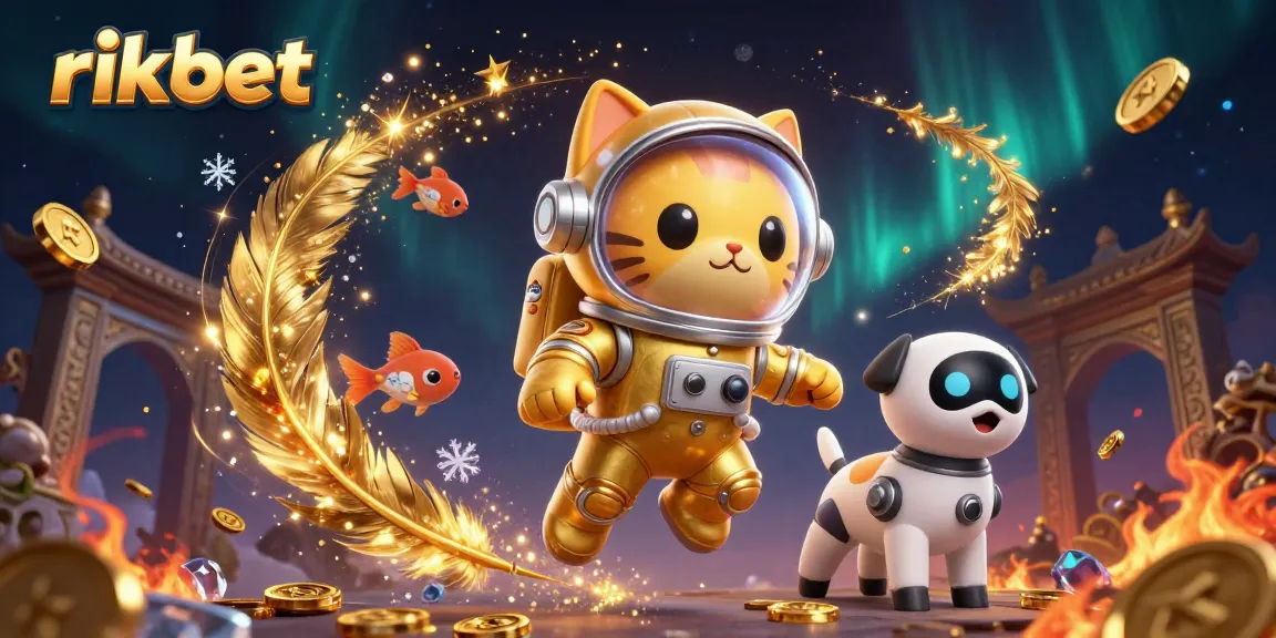 Rikbet showcases exhilarating casino gameplay with a vibrant space cat, robot dog, and alien elements.