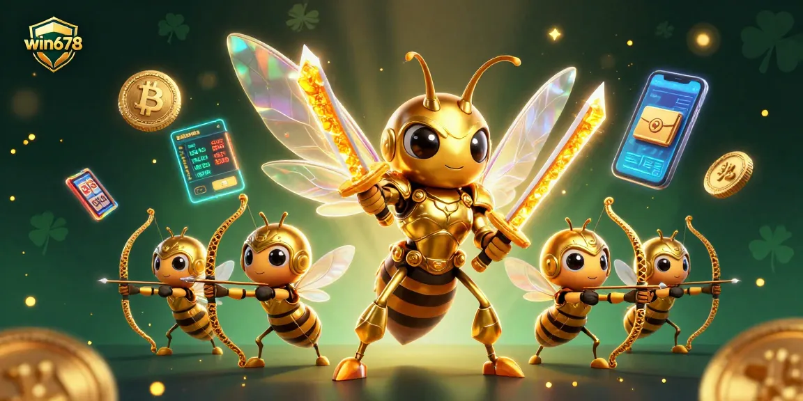 Win678 game experience featuring samurai hornet and bee archers amidst vibrant slots and crypto elements.