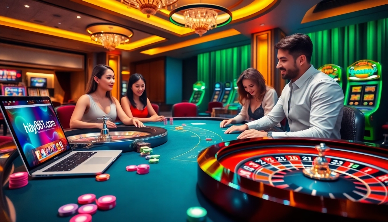 A thrilling online gambling scene on https://hay881.com/ featuring roulette, poker chips, and players in action.